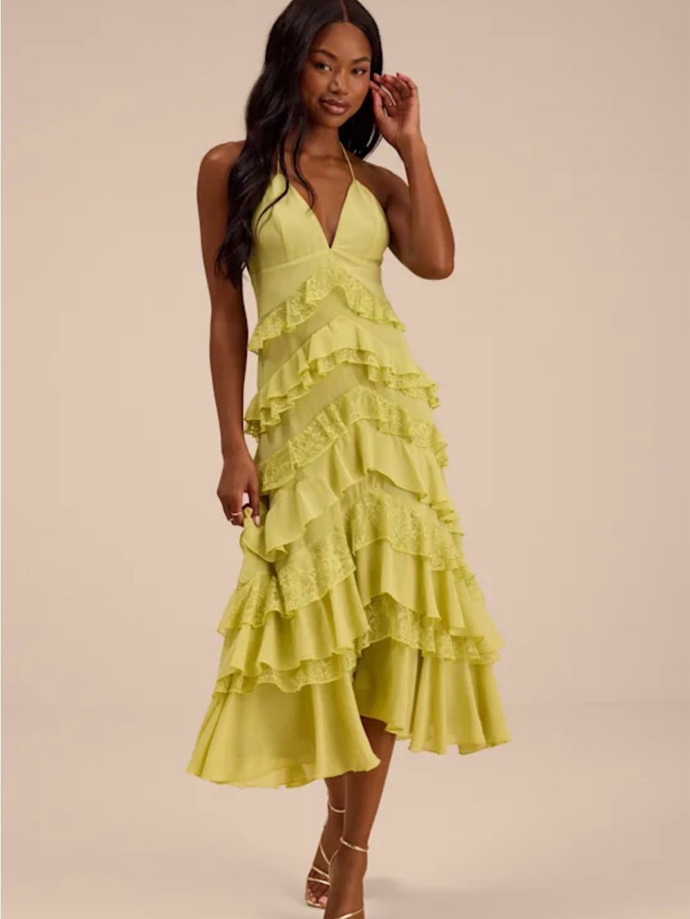 Lulus - NEW- “Melena Chartreuse Ruffled Lace Midi Dress Green” - Size L - Picture 1 of 5